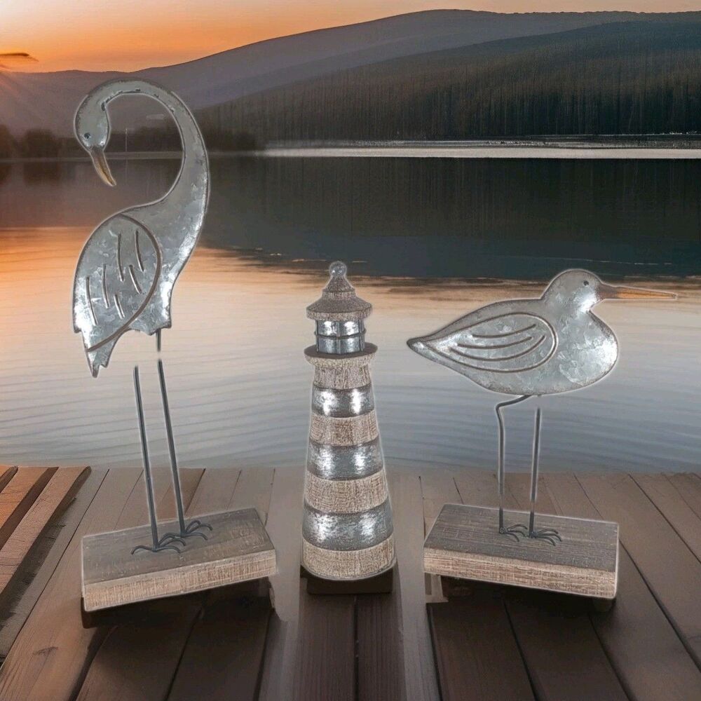 3pc Coastal Decor Sculptures Distressed Metal Shorebirds with Wooden Lighthouse